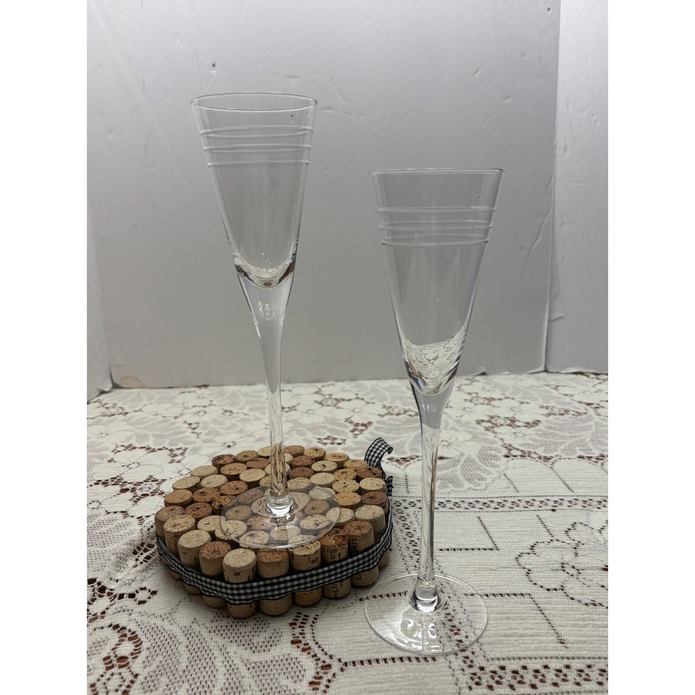 Set of 2 Crystal Champagne Flutes Etched Triple Ring Trumpet Toasting Glasses